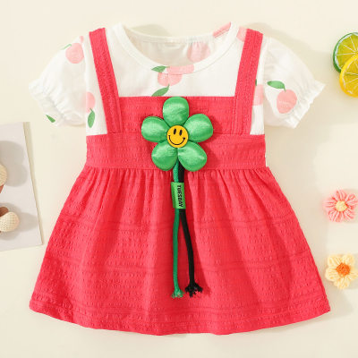 Vestido de manga curta com bloco colorido de algodão puro para meninas 3D com decoração de flores sorridentes