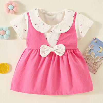 Toddler Girl Pure Cotton Lapel Color-block Patchwork Bowknot Decor Short Sleeve Dress