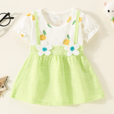 Vestido de manga corta con decoración de flores en 3D de retazos de bloque de color de algodón puro para niña pequeña