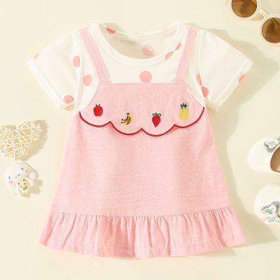 Toddler Girl Pure Cotton Color-block Patchwork Polka Dotted Fruit Embroidered Short Sleeve Dress