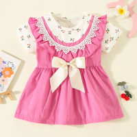 Vestido de manga curta com estampa de algodão puro para meninas e blocos de cores patchwork  Rosa quente