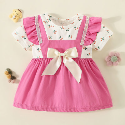 Toddler Girl Pure Cotton Cherry Pattern Patchwork Bowknot Decor Short Sleeve Dress