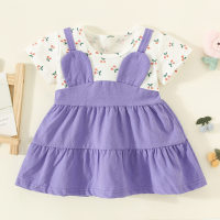 Kleinkind-Mädchen-Patchwork-Kleid mit kurzen Ärmeln aus reiner Baumwolle mit Kirschmuster  Lila