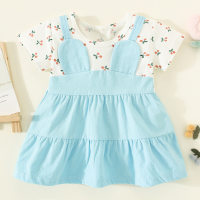 Kleinkind-Mädchen-Patchwork-Kleid mit kurzen Ärmeln aus reiner Baumwolle mit Kirschmuster  Blau