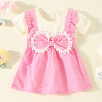 Toddler Girl Pure Cotton Color-block Patchwork Bowknot Decor Short Sleeve Dress  Pink