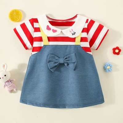 Toddler Girl Pure Cotton Lapel Striped Patchwork Bowknot Decor Short Sleeve Dress