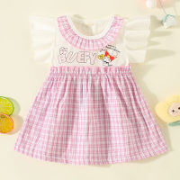 Toddler Girl Pure Cotton Plaid Color-block Patchwork Letter and Fox Pattern Short Sleeve Dress  Violet