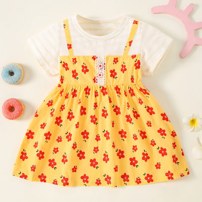 Vestido de manga corta con patchwork floral de algodón puro para niña pequeña
