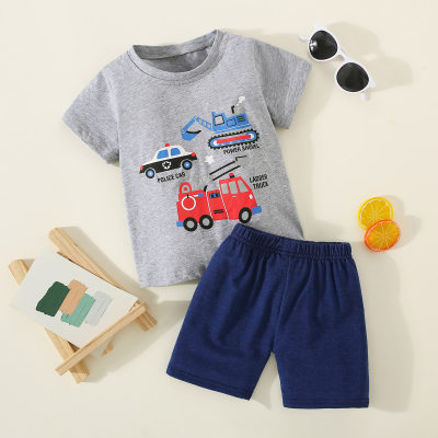 2 peças de camiseta infantil de algodão puro estampada para veículos e calça de cor sólida