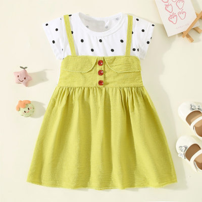Vestido de manga corta con botones delanteros de lunares de patchwork de bloque de color de algodón puro para niña pequeña