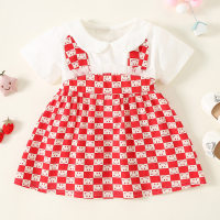 Toddler Girl Pure Cotton Lapel Smiley Patchwork Short Sleeve Dress  Red