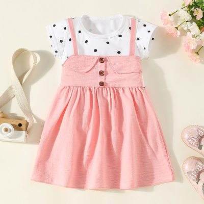Toddler Girl Pure Cotton Color-block Patchwork Polka Dotted Button Front Short Sleeve Dress