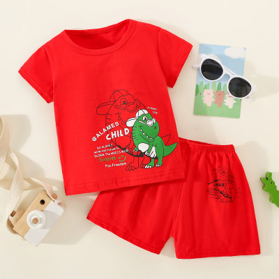 Camiseta con estampado de letras y dinosaurios para niños pequeños de 2 piezas y pantalones cortos a juego