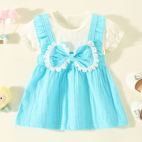 Toddler Girl Pure Cotton Color-block Patchwork Bowknot Decor Short Sleeve Dress  Blue