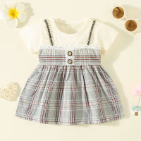 Toddler Girl Pure Cotton Plaid Patchwork Button Front Short Sleeve Dress  Gray