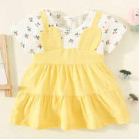 Kleinkind-Mädchen-Patchwork-Kleid mit kurzen Ärmeln aus reiner Baumwolle mit Kirschmuster  Gelb