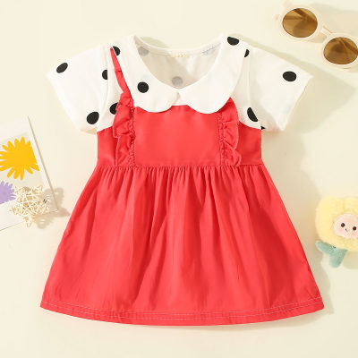 Toddler Girl Pure Cotton Lapel Polka Dotted Patchwork Short Sleeve Dress