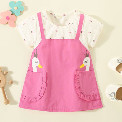 Vestido de manga corta con patrón de ganso de patchwork de bloque de color de algodón puro para niña pequeña