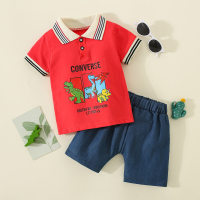 Polo de manga corta con estampado de letras y dinosaurios de algodón puro para niños pequeños de 2 piezas y pantalones cortos de color sólido  rojo