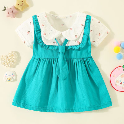 Toddler Girl Lapel Color-block Patchwork Bowtie Decor Short Sleeve Dress