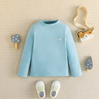 Toddler Pure Cotton Solid Color Letter Pattern Mock Neck Long Sleeve T-shirt  Deep Blue