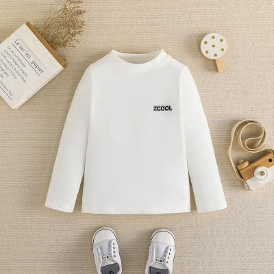 Toddler Pure Cotton Solid Color Letter Pattern Mock Neck Long Sleeve T-shirt