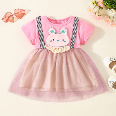 Vestido de manga corta con decoración de conejo de dibujos animados de retazos de malla de algodón puro para niña pequeña