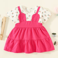 Toddler Girl Pure Cotton Cherry Pattern Patchwork Short Sleeve Dress  Hot Pink