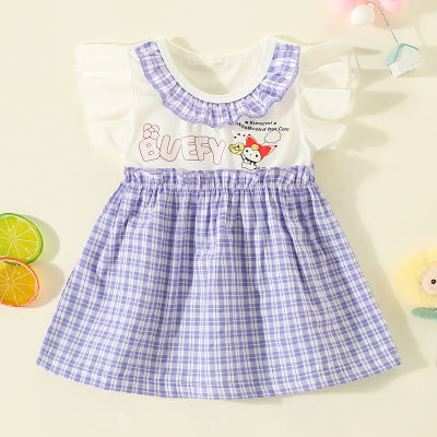 Toddler Girl Pure Cotton Plaid Color-block Patchwork Letter and Fox Pattern Short Sleeve Dress