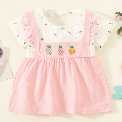 Toddler Girl Pure Cotton Color-block Patchwork Pineapple Embroidered Short Sleeve Dress