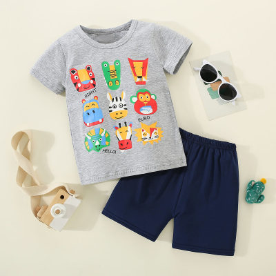 Camiseta con estampado de animales de dibujos animados de algodón puro para niños pequeños de 2 piezas y pantalones de color sólido