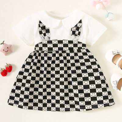 Toddler Girl Pure Cotton Lapel Smiley Patchwork Short Sleeve Dress
