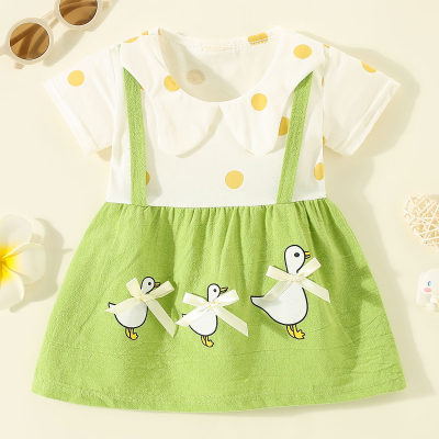 Vestido de manga corta con patrón de pato de lunares de patchwork de bloque de color de solapa de algodón puro para niña pequeña