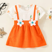 فستان بأكمام قصيرة مزين بزهور ثلاثية الأبعاد من القطن الخالص للفتيات الصغيرات  برتقالي