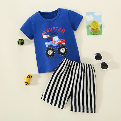 Camiseta infantil e shorts listrados com estampa de veículos e letras de puro algodão para meninos de 2 peças