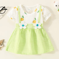 فستان بأكمام قصيرة مزين بزهور ثلاثية الأبعاد من القطن الخالص للفتيات الصغيرات  أخضر