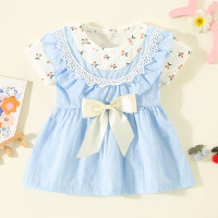 Toddler Girl Pure Cotton Cherry Pattern Color-block Patchwork Bowknot Decor Short Sleeve Dress  Blue