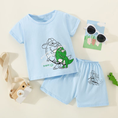 T-shirt estampada com letra e dinossauro infantil de 2 peças e shorts combinando