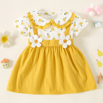 Vestido de manga corta con decoración floral de patchwork floral con solapa de algodón puro para niña pequeña