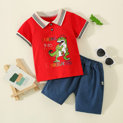 2-piece Toddler Boy Pure Cotton Letter and Dinosaur Printed Short Sleeve Polo Shirt & Solid Color Shorts