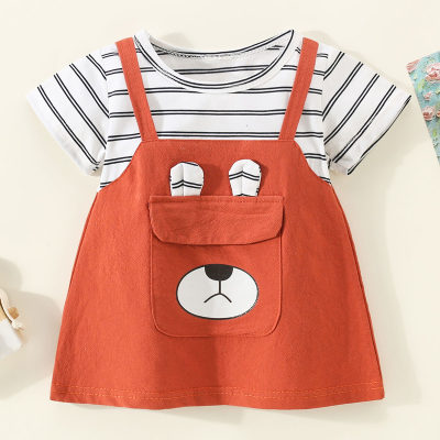 Toddler Girl Pure Cotton Striped Patchwork Bear Style Short Sleeve Dress