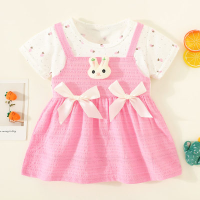 Vestido de manga corta con decoración de conejo y lazo de patchwork de bloque de color de algodón puro para niña pequeña