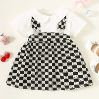 Toddler Girl Pure Cotton Lapel Smiley Patchwork Short Sleeve Dress  Black