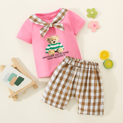Camiseta con diseño de oso de retazos a cuadros para niña pequeña de 2 piezas y pantalones a cuadros