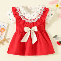 Vestido de manga curta com estampa de algodão puro para meninas e blocos de cores patchwork  Vermelho