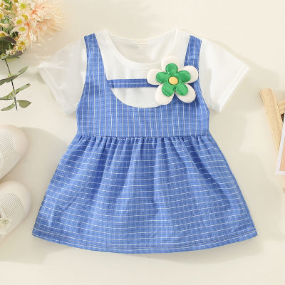 Toddler Girl Pure Cotton Plaid Color-block Patchwork 3D Flower Decor Short Sleeve Dress