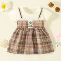 Toddler Girl Pure Cotton Plaid Patchwork Button Front Short Sleeve Dress  Coffee