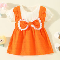 Vestido de manga curta com bloco de cores em patchwork de algodão puro para menina e decoração de laço  laranja