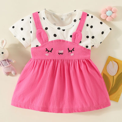 Vestido de manga corta estilo conejo de retazos de bloque de color con lunares de algodón puro para niña pequeña
