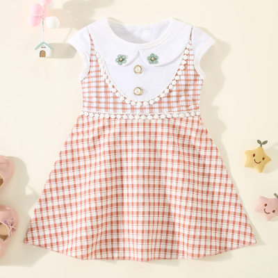 Vestido de manga corta con diseño floral de retazos a cuadros de algodón puro para niña pequeña